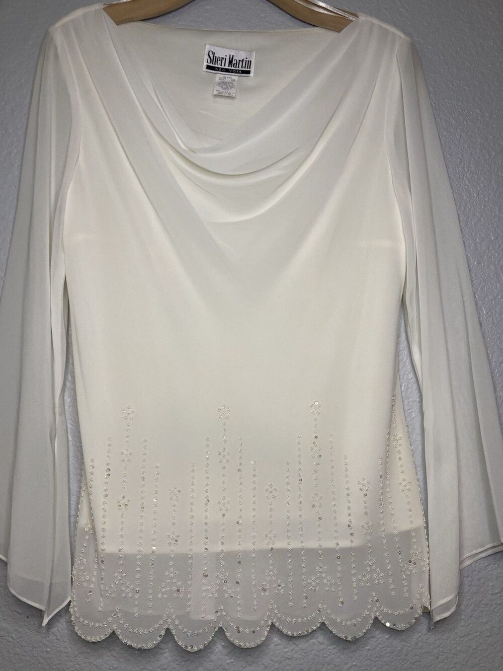 VTG Ivory Sheer Top Blouse Womens M Beaded Angel Scallop Elegance Coquette Lux